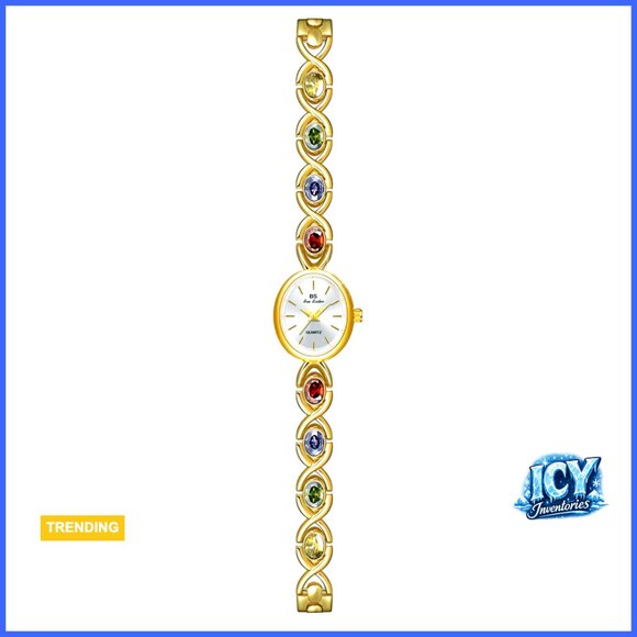 Gold Tone Quartz Wrist Watch with Vintage Bracelet and Jade Oval Dial main image 3